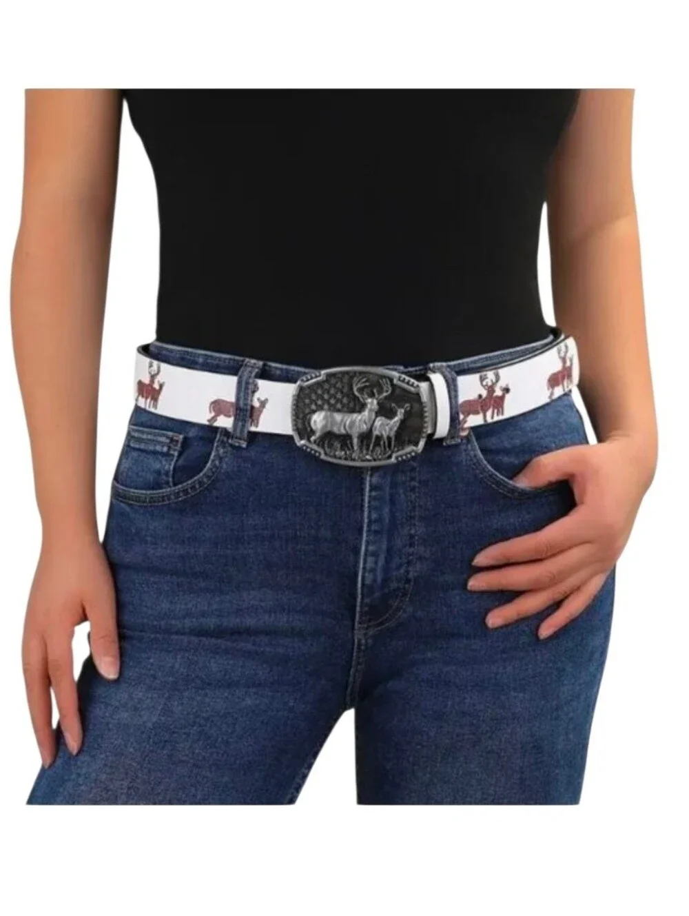 Women's White & Silver Tone Deer Belt